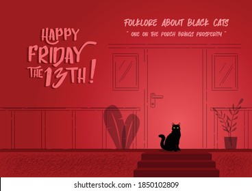 Illustration of a black cat sitting on the porch of a house on a red background
