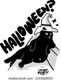 Illustration of a black cat sitting waiting for the Halloween celebration to come, ready to wear its costume