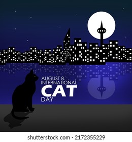Illustration of a black cat standing looking at the full moon with a Cityscape at night, International Cat Day August 8