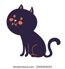 Ilustración de un gato negro con dientes de vampiro en un estilo plano de dibujos animados, aislado en un fondo blanco. La Ilustración vectorial es perfecta para diseños de Halloween, decoraciones espeluznantes y proyectos infantiles.