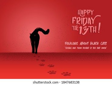 Illustration of a black cat walking away with its footprint on a red background