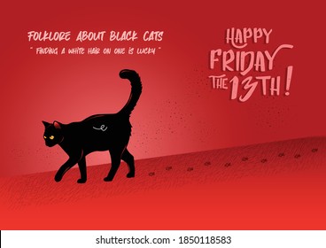 Ilustración de un gato negro caminando con sus huellas en un fondo rojo