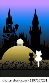 illustration, black cat and white cat look at the castle