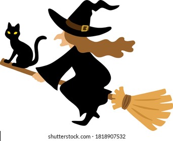 Illustration of  a black cat and a witch flying in the sky on a broom