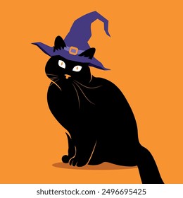 illustration black cat with witch hat on halloween and orange background