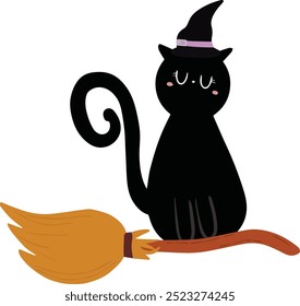 Illustration of a black cat in a witch hat flying in the sky on a broom
