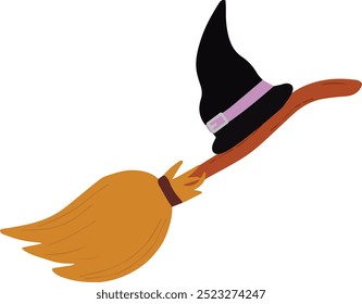 Illustration of a black cat in a witch hat flying in the sky on a broom
