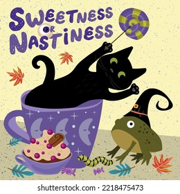 Illustration of black cats. Poster for Halloween celebration. Sweetness or nastiness. The cat sits scares the toad.