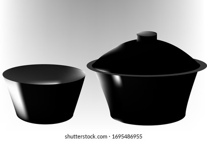 illustration of a black cauldron, near a bowl, white glare, on a gray and white background