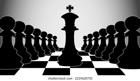 Illustration with black chess figures pawn and king on chess board