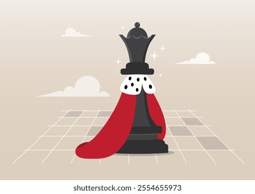 An illustration of A black chess queen, adorned with a white and black collar and a red cape, stands proudly on a checkered board