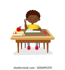 An illustration of a black child sitting at a school desk. Prepared student. Learning concept. Isolated on white.
