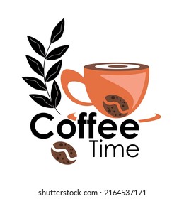 illustration of black coffee on a cup with coffee bean leaves
