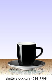 Illustration of black coffee and tea mug on saucer. Table. Vector.