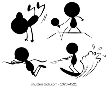 Illustration of the black colors of people playing different sports on a white background