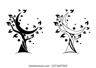 illustration of black crescent moon tree and White. line art, silhouette, hand drawn and sketch style. used for halloween, decoration, logo, symbol, sign or print