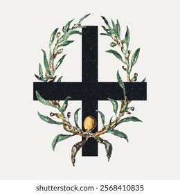 Illustration of a black cross with olive branches. The cross is central, surrounded by detailed olive branches, creating a rustic, natural look. Vintage art drawing, isolated vector element.