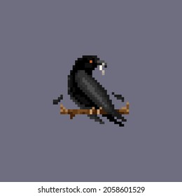 Illustration of a black crow in the 32-bit pixel style. Spooky bird with feathers sitting on a branch. Simple scary illustration for Halloween. The raven holds a worm in its beak. Horror arcade game.