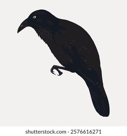 Illustration of a black crow with detailed feathers. The crow is perched, showcasing its sleek black plumage. Black crow illustration with a side view. Vintage animal illustration isolated, vector.