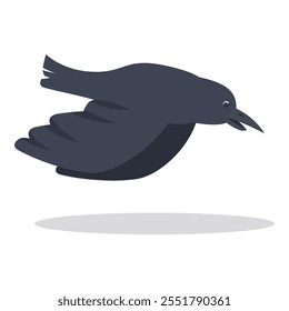 Illustration of a black crow flying with its wings wide open and beak open, creating a sense of movement and alertness