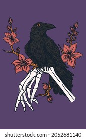 Illustration of black crow on bone arm with cherry blossoms decorate on purple background