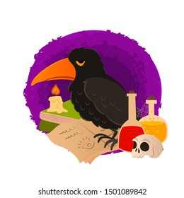 illustration of a black crow siting on witch spell books in the dark with candlelight. 