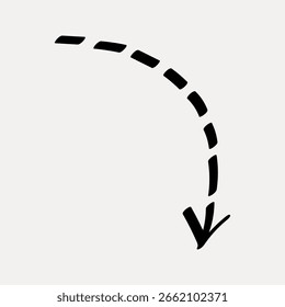 Ilustración de una flecha curva, punteada y negra que apunta hacia abajo. La flecha es simple y audaz, con un estilo dibujado a mano. Perfecto para resaltar contenido. Vector de elemento de diseño.