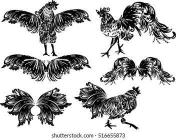 illustration with black decorated roosters and wings isolated on white background