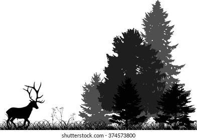 illustration with black deer running to forest isolated on white background