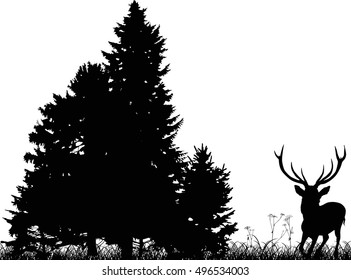 illustration with black deer running to forest isolated on white background