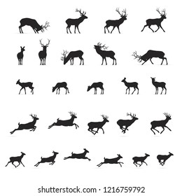 Illustration of Black Deers Silhouettes Isolated on White Background