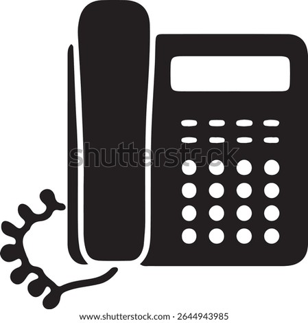 Illustration of a black desk telephone, facing left, with a disconnected cord.
