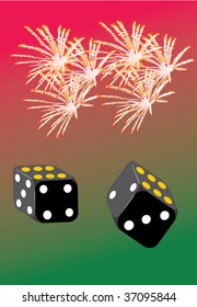 illustration with black dice under fireworks