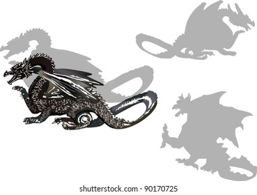 illustration with black dragon and shadows isolated on white background