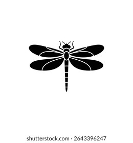 Uma ilustração de uma silhueta de libélula preta sobre um fundo branco. A libélula apresenta asas com veias detalhadas, um corpo segmentado e delicadas antenas.