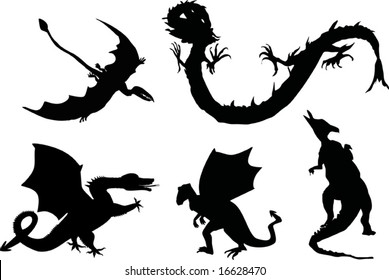 ilustración con dragones negros aislados en fondo blanco