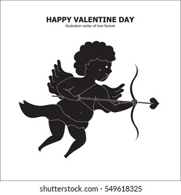 Illustration black draw vector of cupid with arrow heart on happy Valentine Day card. 