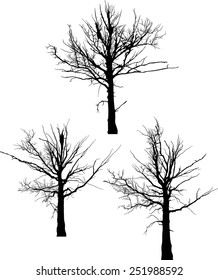 ilustração com silhuetas de árvore grande seca preta isoladas no fundo branco