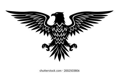 Illustration with black eagle icon on white background.