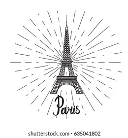 Illustration black Eiffel Tower on rays. Vector decorations isolated on white background. Lettering inscription Paris.