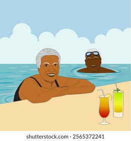 Illustration of black elderly man and woman relaxing at the swimming pool, wear swimming goggles on their head