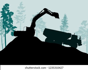 illustration with black excavator silhouette near trees isolated on green background
