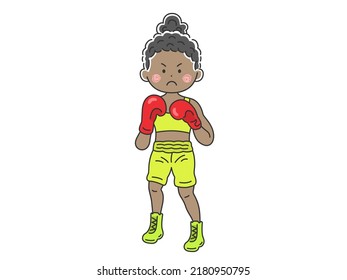 Illustration Of A Black Female Boxer In A Fighting Pose.