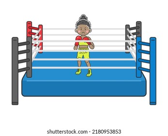 Illustration Of A Black Female Boxer In A Fighting Pose On A Boxing Ring.