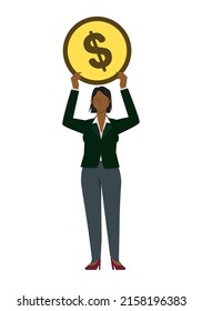 Illustration of a black female businessman with a dollar coin. 8 life, financial image, infographics