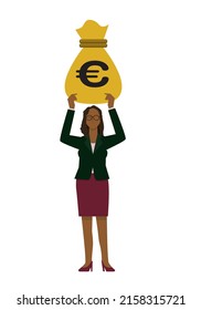 Illustration of a black female businessman with a euro gold bag. Financial image her infographics. Eight heads tall