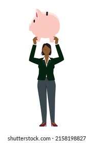Illustration of a black female businessman with a piggy bank. eight heads tall, financial image infographics