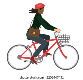 Illustration of a black female businessman riding a bicycle in business attire.
