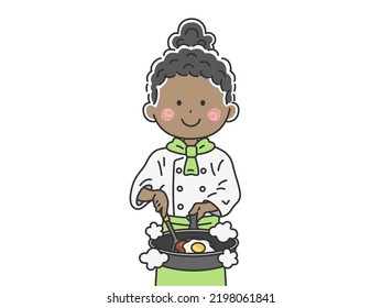 Illustration Of A Black Female Chef Cooking With A Frying Pan.