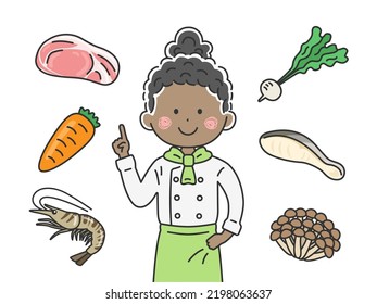 An Illustration Of A Black Female Chef Explaining Ingredients.